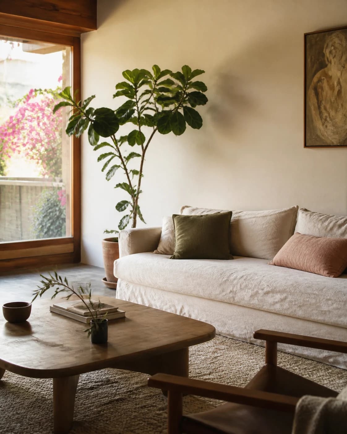 A warm Los Angeles living room with linen, wood, and morning light